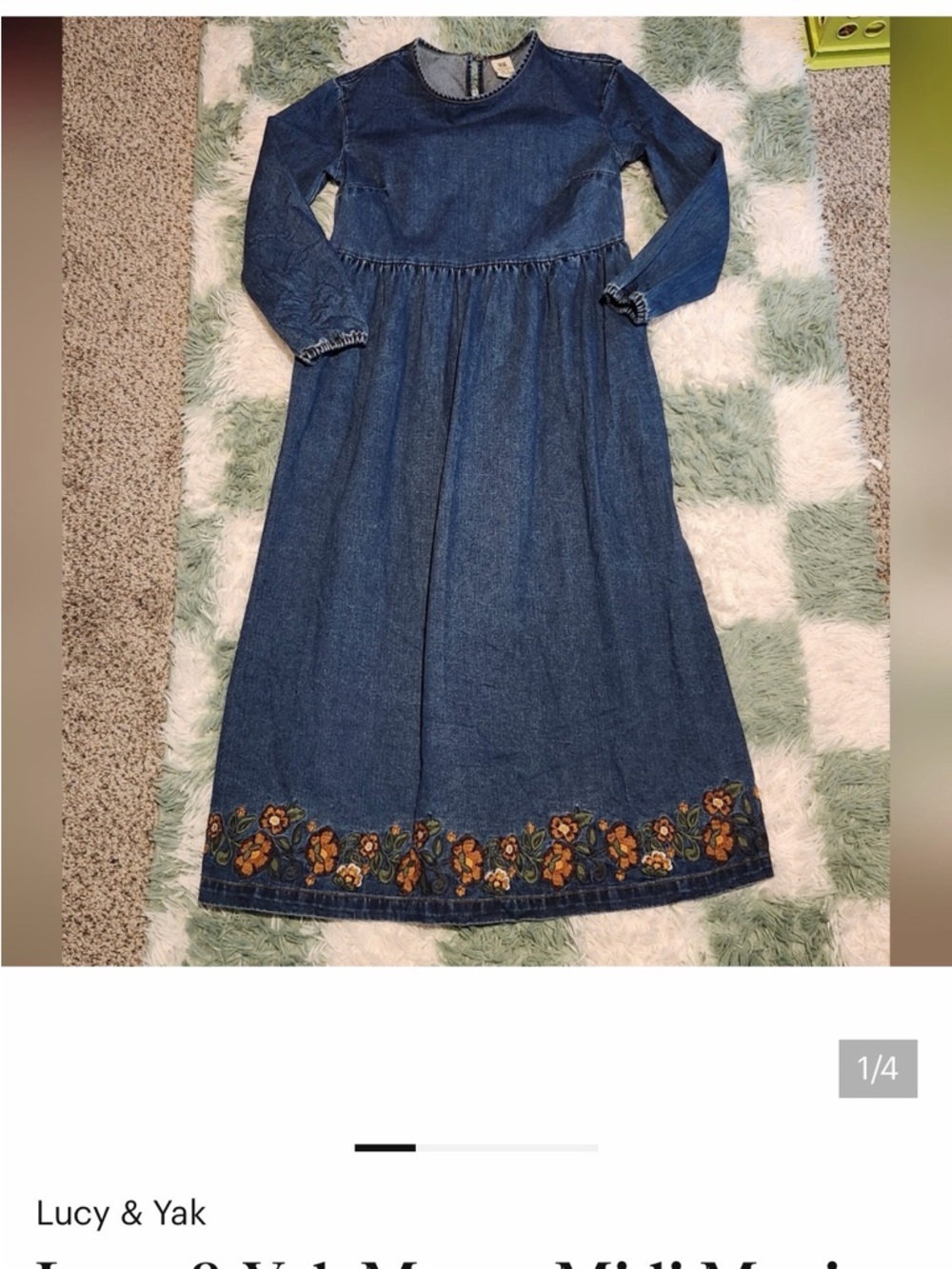 Lucy & Yak Denim Midi Dress with Embroidered Floral Hem